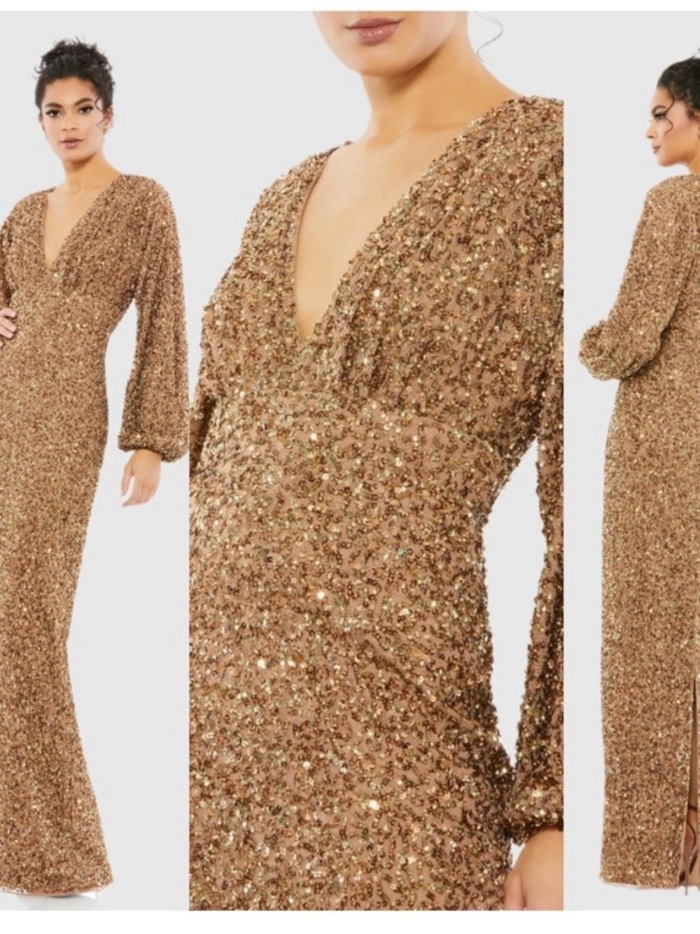 MAC DUGGAL Brown Sequined Puff Sleeve V Neck Gown
